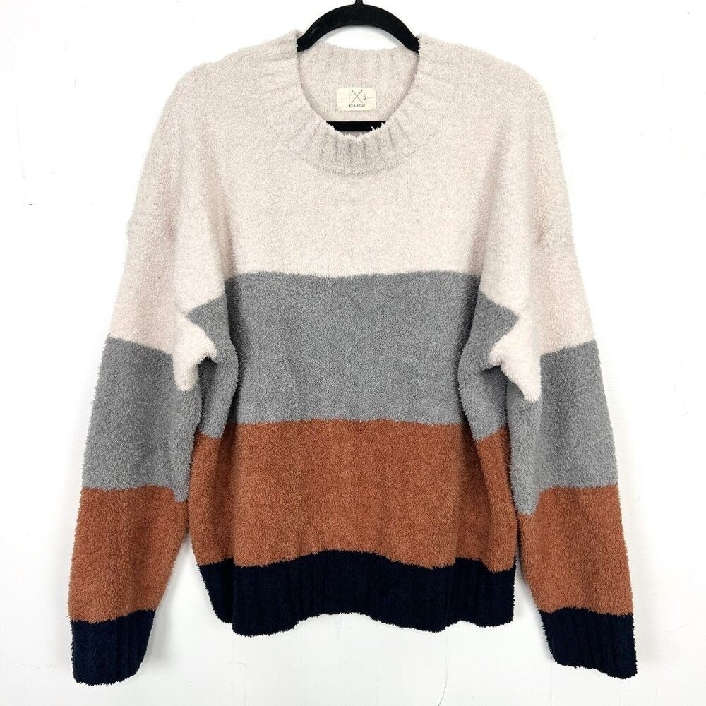 Thread & Supply Colorblock Fluffy Sweater Beige Grey Orange Navy Size XXL